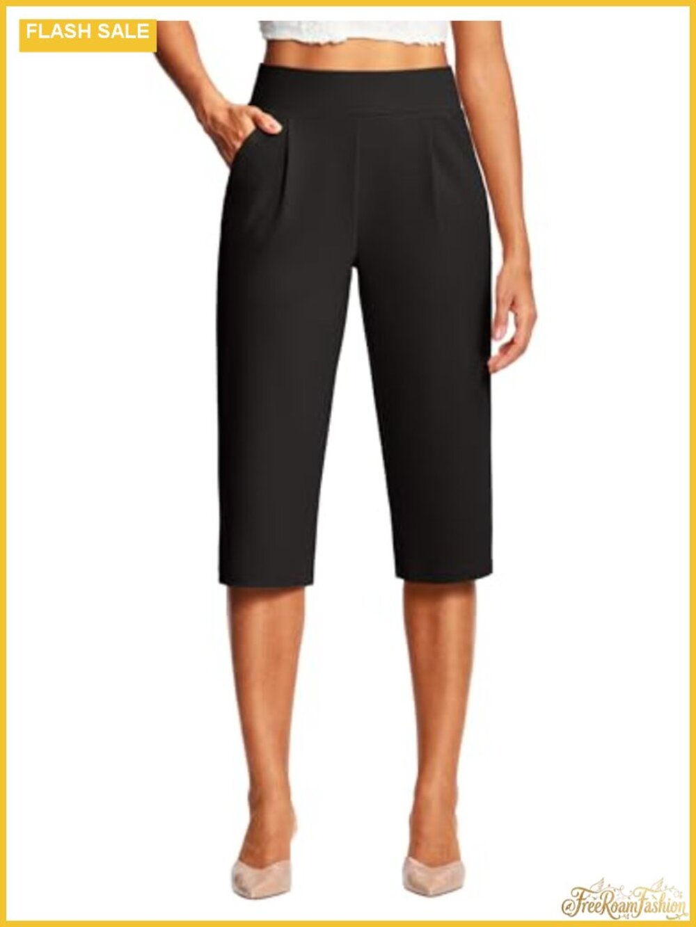 Pleated High Waist Capri Pants Polyester Spandex Pockets Business Casual